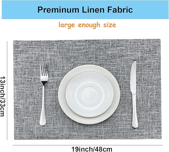Weabetfu Cloth Placemats Set of 4 Heat Resistant Dining Table Placemmats Cotton Linen Machine Washable Kitchen Table Mats Wrinkle Free Thick Fabric Place Mat,Easy to Clean,13"x19",Mottled Grey w/Brown