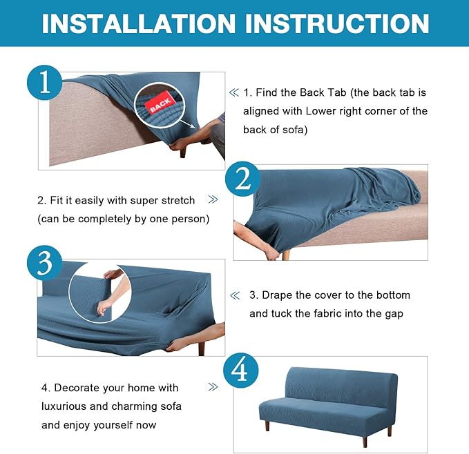 Flamingo P Stretch Armless Futon Covers Full Queen Futon Couch Covers Slipcover Futon Sofa Cover Futon Bed Cover Furniture Protector Covers with Elastic Bottom, Checked Pattern Jacquard, Dusty Blue