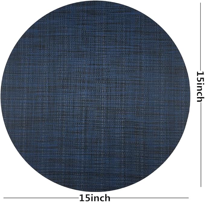 WAZAIGUR Round Placemats Set of 4 Woven Vinyl Easy to Clean Heat Resistant Kitchen Table Mats 15 Inch(Navy Blue 4)