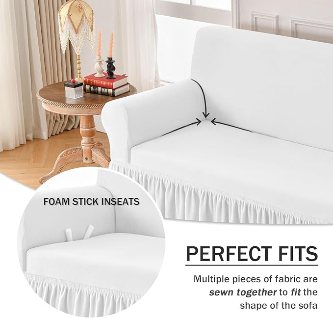 NICEEC Armchair Cover Thick Plush 1-Piece Warm White Armchair Slipcover Stretch Fluffy Couch Covers for Living Room Easy Fit Washable Soft Furniture Sofa Protector with Skirt