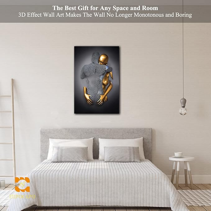 3D Metal Effect Wall Art - 3D Metal Canvas Art, 3D Metal Canvas Art 3D Canvas Art Wall Decor for Modern Living Room, Framed Romantic Couple Living Room Canvas Wall Art 18”x24”x1Pcs