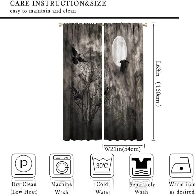 Gothic Crow Blackout Window Curtains, Gothic Style Dark Sky Full Moon Raven Halloween Pattern Window Drapes, for Home Bedroom Living Room 21(W)*63(L) 2 Panels