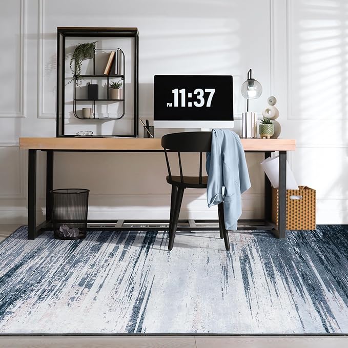 Rugflix 6x9 Area Rug, Washable Rug for Living Room, Non Slip, Soft Low Pile, Modern Abstract Blue Grey Rug for Bedroom, Dining Room, Home Office, Indoor Floor Carpet