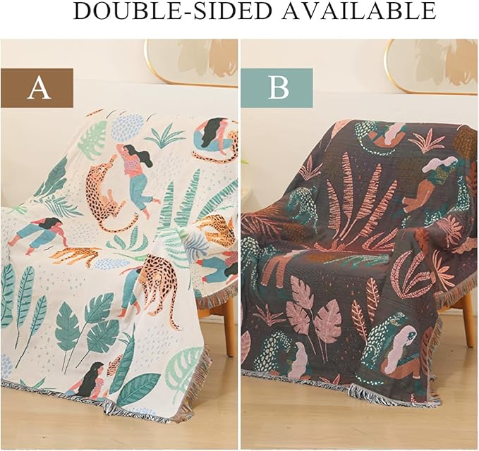 Double-Sided Cotton Woven Throw Blanket with Tassel Jungle Bohemian Style Tapestry Shawl Multi-Function Decorative Throws for Sofa Bed Armchair Camping Blanket Tablecloth Carpet 160x130cm