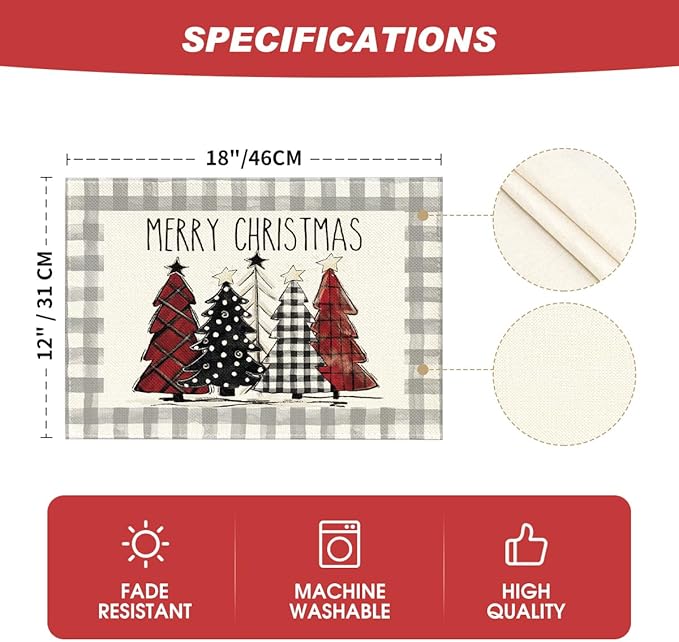 Artoid Mode Watercolor Grey Buffalo Plaid Christmas Trees Placemats Set of 6, 12x18 Inch Winter Table Mats for Party Kitchen Dining Decoration