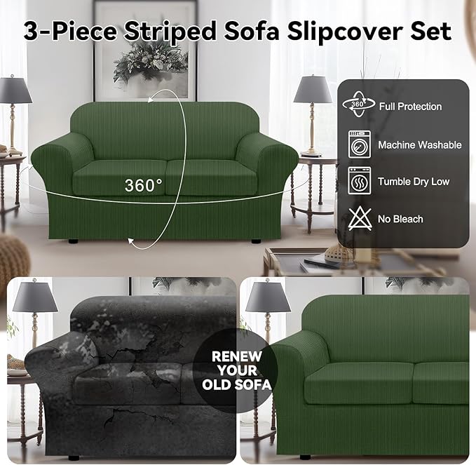 100% Waterproof Loveseat Cover 3-Piece Set Striped Loveseat Slipcovers for 2 Cushion Couch Sofa Covers with TPU Leakproof Bottom Couch Protector Pet Proof - Loveseat, Military Green