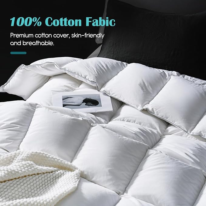 Goose Feather Down Fiber Comforter King Size, 100% Cotton Cover Ultra Soft Fluffy King Duvet Insert, Luxurious Hotel Bedding Comforter for All Season, White 106"x90"