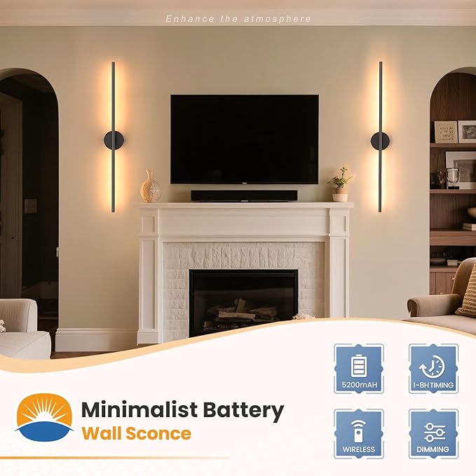 NIORSUN 34 Inch Battery Operated Wall Sconce Set of 2, Black Round Base Rechargeable Wall Lights with Remote, 3CCT Dimmable Wireless Wall Sconces for Living Room Bedroom Hallway