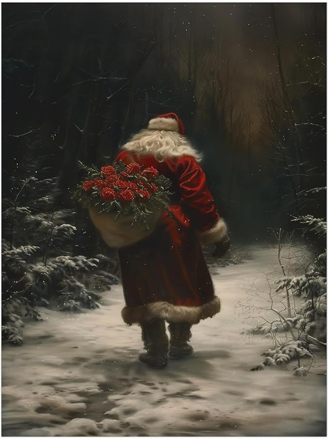 Dark Christmas Santa Wall Art Prints,Moody Christmas Holiday Decor,Moody Santa Claus with Roses,Dark Academia Christmas Print