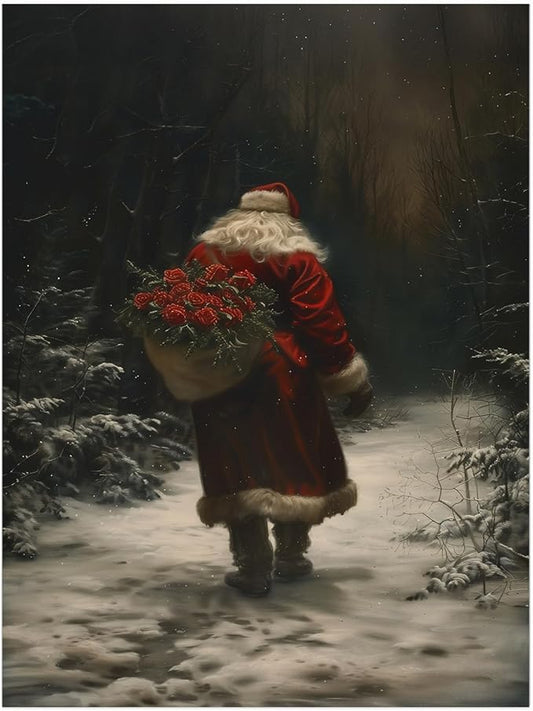 Dark Christmas Santa Wall Art Prints,Moody Christmas Holiday Decor,Moody Santa Claus with Roses,Dark Academia Christmas Print