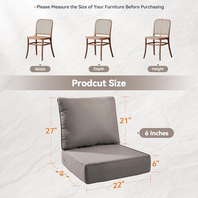 6" Thick Outdoor Cushions 22x24x6, 7-Set Deep Seat Patio Cushions with Removable Cover, Waterproof & Fade Resistant Replacement for Wicker Chair, Loveseat, Sofa - Grey