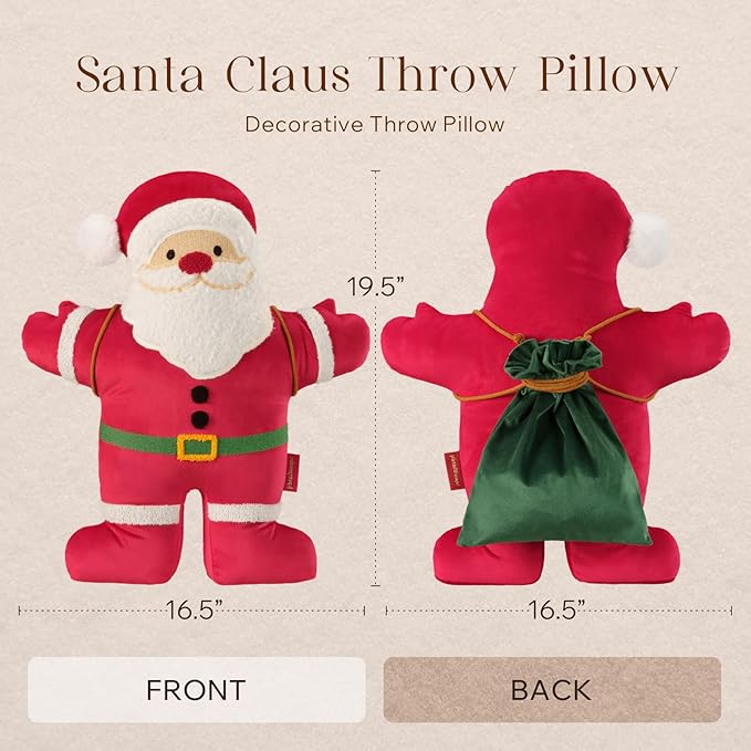 Phantoscope Merry Christmas Throw Pillow, Velvet Santa Claus Shaped Pillow with Sherpa Beard & Gift Bag Plush Xmas Decorative Pillow for Couch, Red, 19.5×16.5 inch