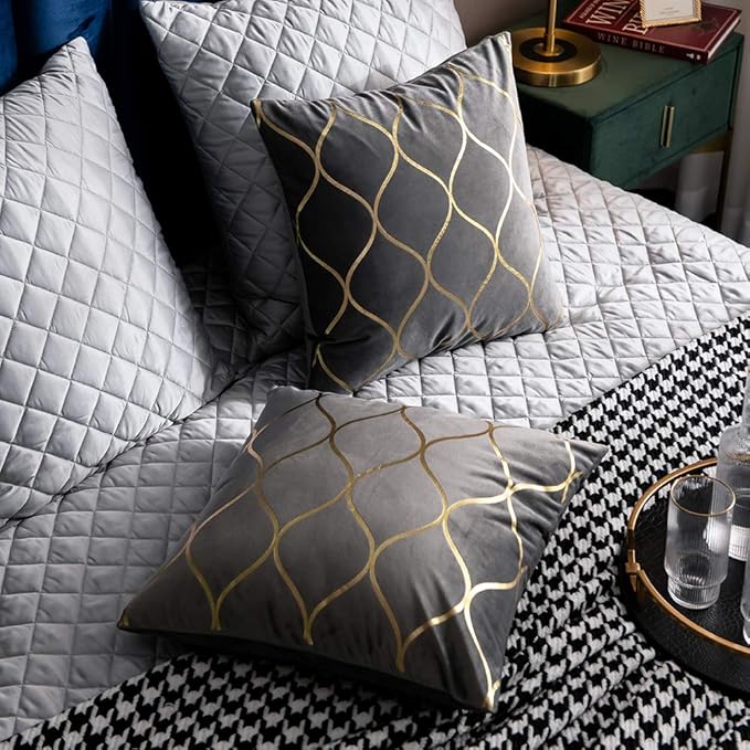Gold Velvet Euro Sham Pillow Covers: 2 Pack 26x26 Inch Square Decorative Pillow Cases for Bedroom Sofa Couch Living Room, Light Grey