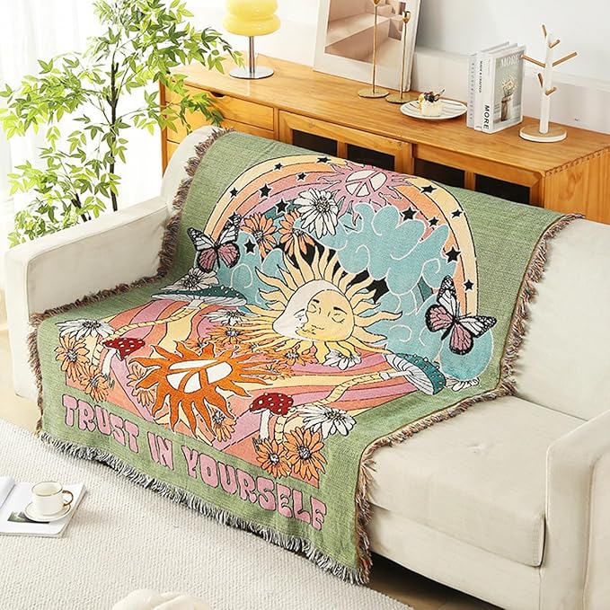 Double-Sided Cotton Woven Throw Blanket with Tassel Jungle Bohemian Style Tapestry Shawl Multi-Function Decorative Throws for Sofa Bed Armchair Camping Blanket Tablecloth Carpet 160x130cm