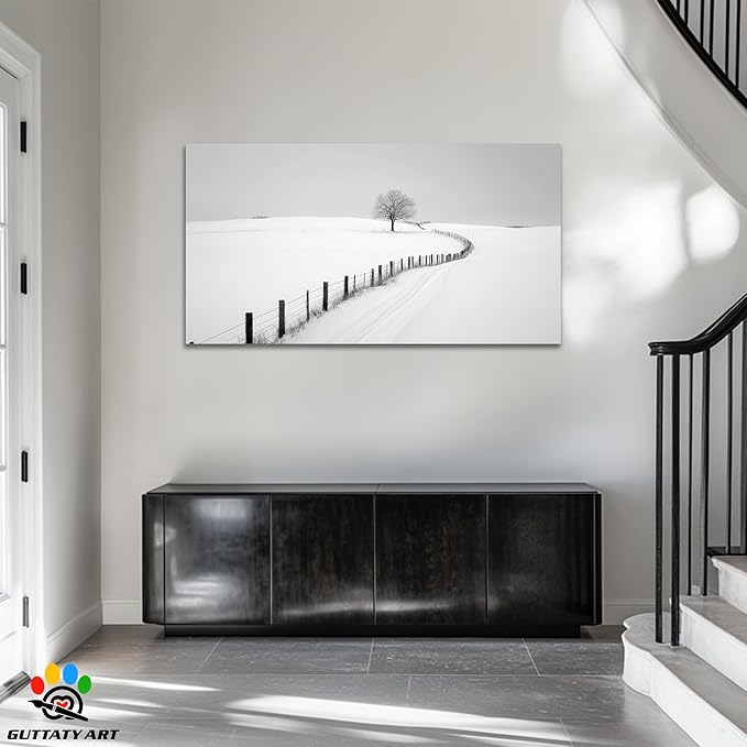 GUTTATY Christmas Winter Scene Canvas Wall Art, Snowy Farm Fence and Tree Pictures, Monochrome Print with Minimalist Artwork Style, Peaceful Posters for Living Room Bedroom Decor, 60x30 Inch