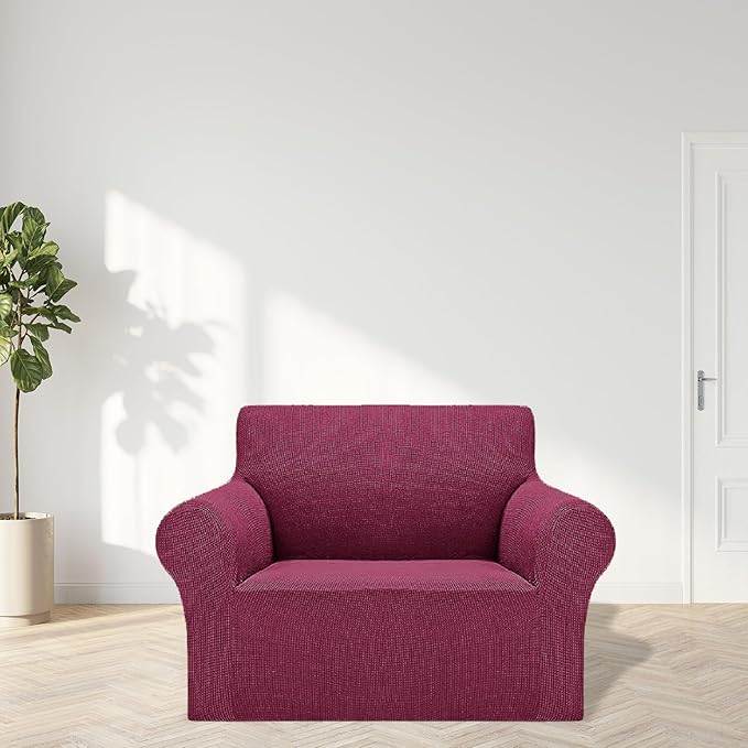 Cupuamon 2025 New Stretch Chair Sofa Slipcovers Couch Cover for 1 Seater Furniture Protector Sofa Covers with Elastic Bottom Jacquard Fabric Small Checks for Pets, Kids - Wine