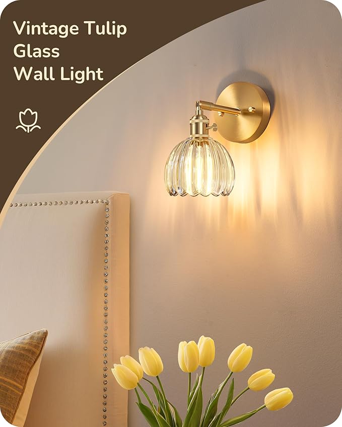 EDISHINE Hardwired Wall Sconces Set of Two, Brass Gold Wall Lamp with Transparent Tulip Glass Lampshade 180 Degree Adjustable, Vintage Bathroom Lighting Fixtures for Bedroom Living Room Hallway