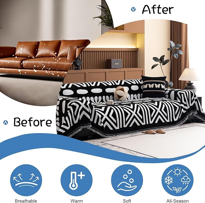 VClife Boho Couch Cover Soft Chenille Sofa Cover for Sofa Bed, 1 Piece Large Couch Covers for 2 Cushion Couch Sofa Washable White Black Jacquard Pattern Sofa Protector for Living Room 71''x118''