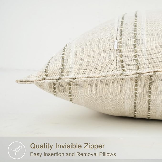 20X20 Decorative Farmhouse Linen Throw Pillow Covers, Boho Textured Pillow Case Set of 2 ,Beige with White & Gray Stitch Yarn Dyed Stripe Cushion Cover ,Modern Accent Square Pillowcase for Sofa Couch