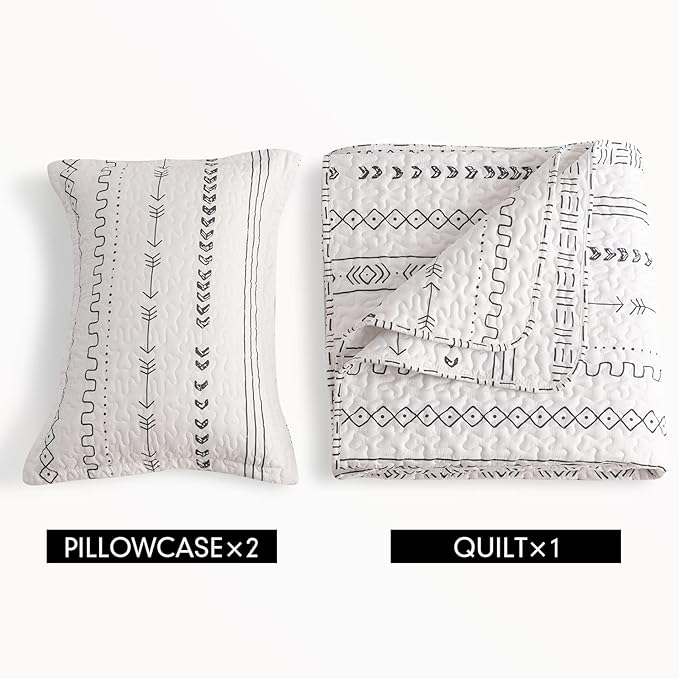 DURLENGEN White Quilt Set King Size 3Pcs,Bohemian Design with White & Black Geometric Pattern Printed on White, All Season Lightweight Bedspread Coverlet Sets(King 106x96,Boho White)