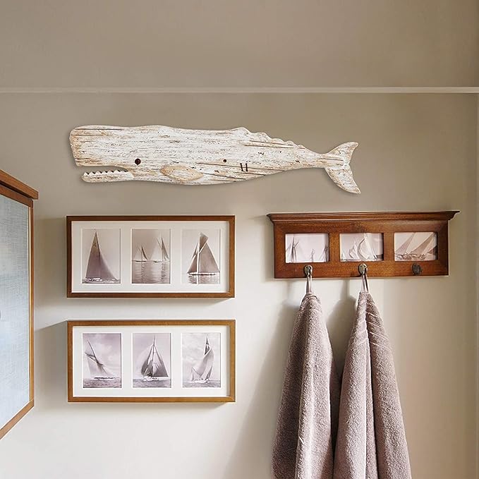 Linfevisi Rustic Nautical Decor Wooden Whale Hanging Wall Decor Wood Whale Decorations Beach Art Ornament Whale Sea Theme Home Decoration Wood Sculpture Whale 29.5" L
