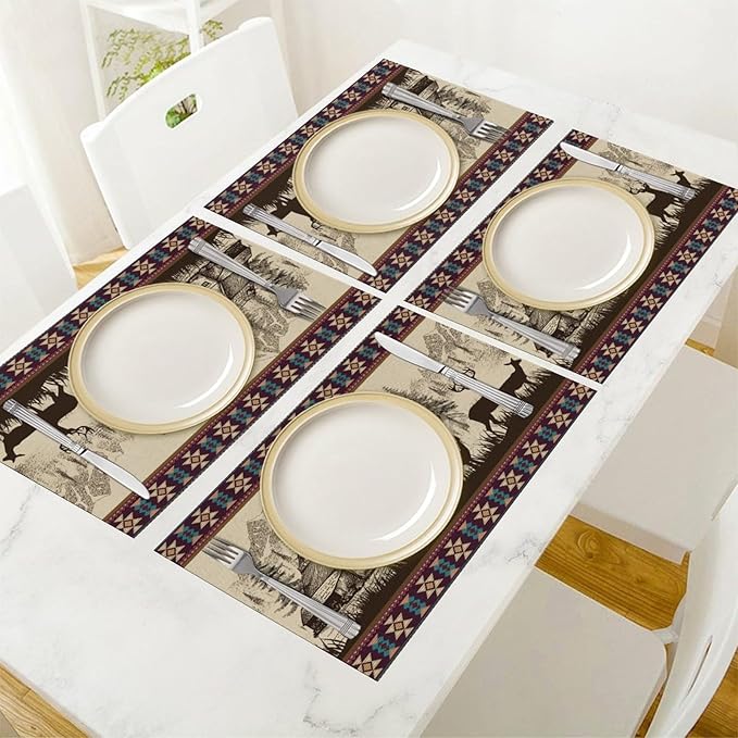 Rustic Animal Placemat Set of 4, 12x18 Inch Vintage Bear Deer Wild Animal Aztec Forest Pine Tree Cabin Country Lodge Coffee Table Mats for Outdoor Kitchen Dining Table Decoration