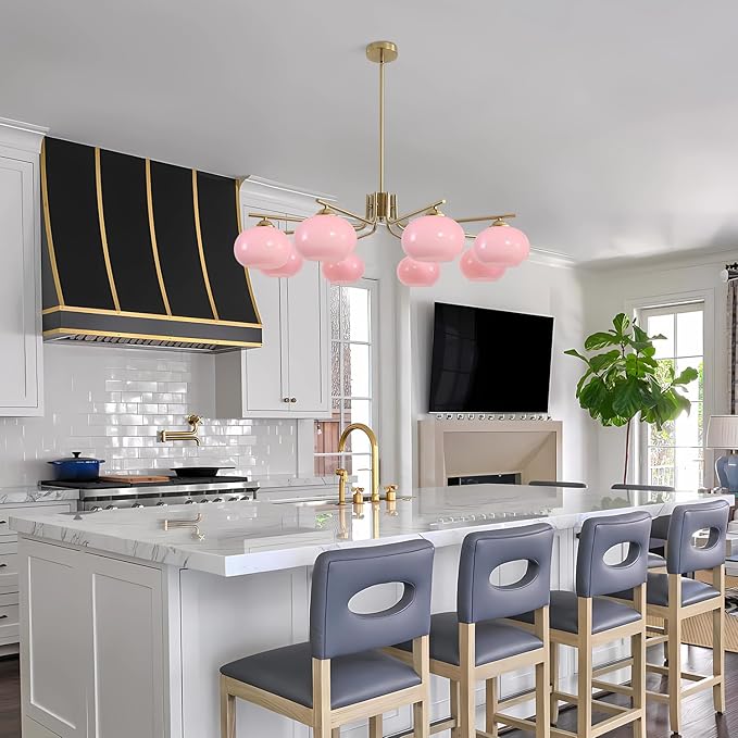 KCO Lighting 8 Lights Pink Bubble Chandelier Modern Kitchen Island Pendant Light Brushed Brass Chandelier Flush Mount Dining Room Living Room Light Fixture