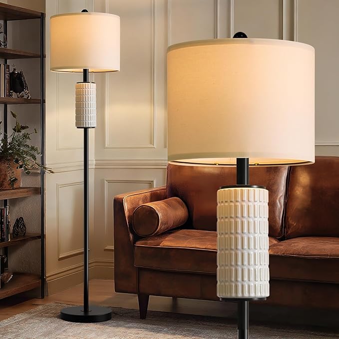 PoKat Ceramic Floor Lamps for Living Room, 64" Modern Standing Lamps for Bedroom, Farmhouse Tall Floor Lamps for Living Room Dinning Reading Home Office, Nursery, Rotary Switch, Matte Black