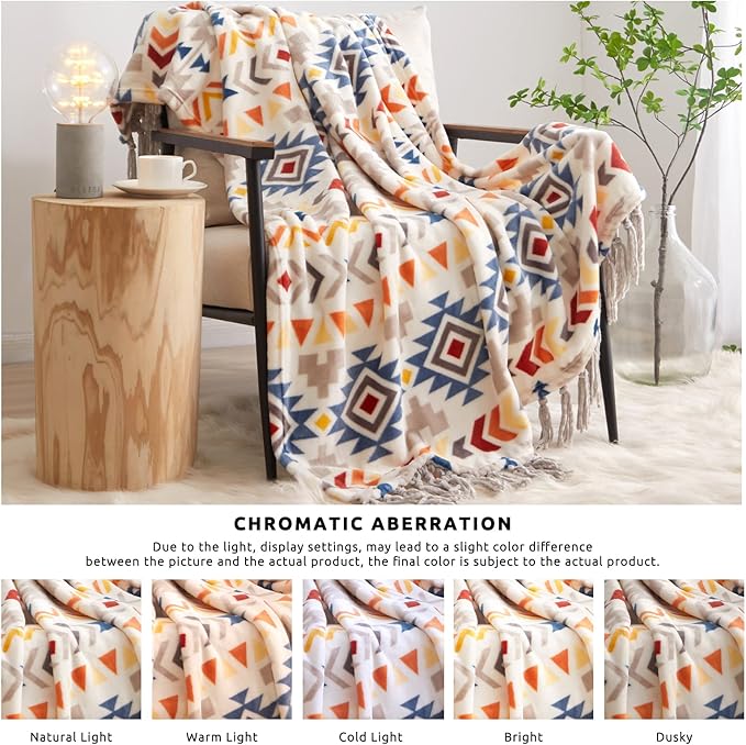 CASAAGUSTO Boho Throw Blanket - Colorful Decorative Blankets with Tassel, Printed Flannel Bohemian Blanket for Chair, Bed, Sofa, Couch(50 * 60, Colorful)