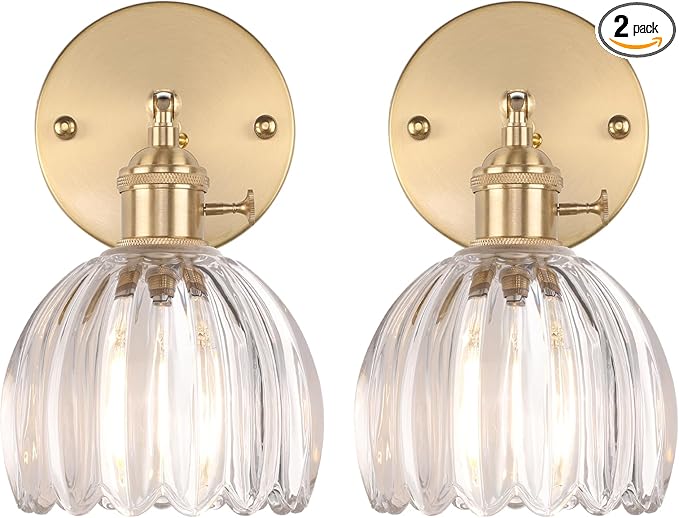 Vintage Wall Sconces Set of 2 with Cute Transparent Tulip Glass Lampshade 180 Degree Adjustable Brass Sconces Hradwired Modern Wall Lighting Fixture with Switch for Bedside Bedroom Doorway