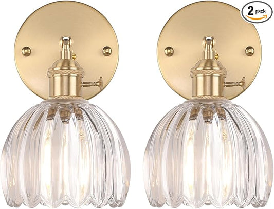 Vintage Wall Sconces Set of 2 with Cute Transparent Tulip Glass Lampshade 180 Degree Adjustable Brass Sconces Hradwired Modern Wall Lighting Fixture with Switch for Bedside Bedroom Doorway