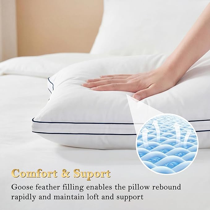 Feather Pillows Queen Size Set of 2 Goose Down Pillows with 100% Breathable Cotton Cover, Hotel Collection Bed Pillows for Sleeping, Soft Support for Back, Stomach and Side Sleepers