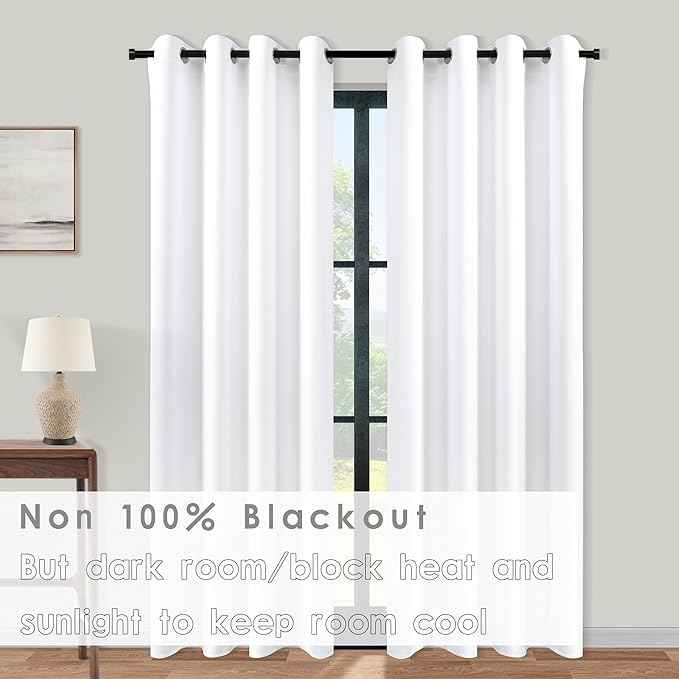 KOUFALL White Curtains 90 Inches Long for Living Room Window 2 Panels Semi Blackout Grommet Room Darkening Insulated Thermal Curtains for Bedroom 52x90 Inch Length