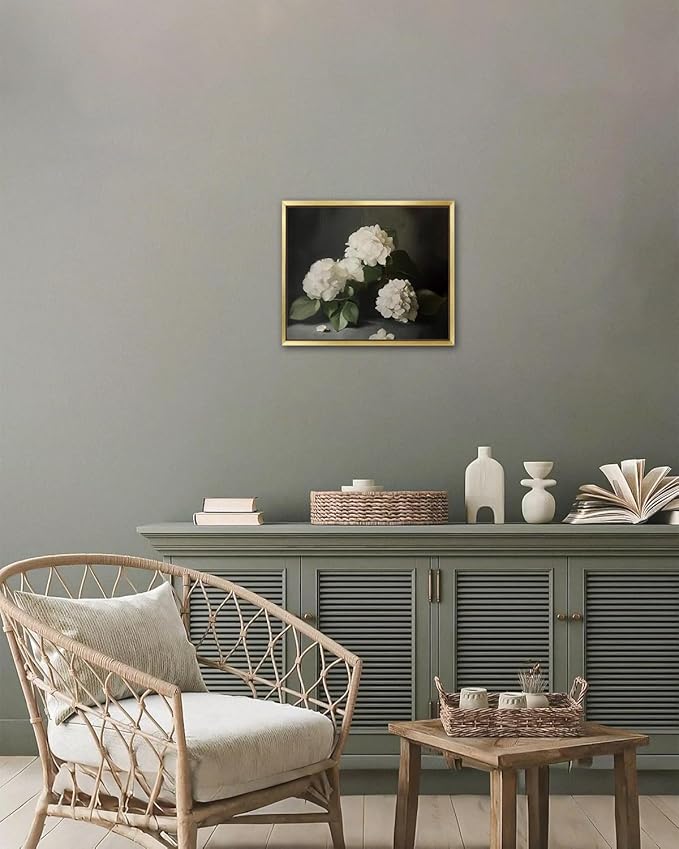 AIMAILON Vintage Gold Canvas Wall Art Framed Decor Classical Botanical Aesthetic Picture Blooming White Hydrangea Flowers Artwork Retro Light Boho Print Desktop Decoration 10x12