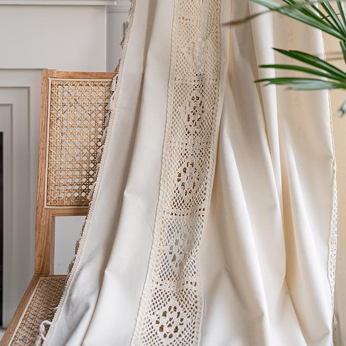 Sutuo Home Boho Curtain Crochet Lace Patchwork Semi-Blackout Bohemian Handmade Tassels, Rod Pocket Window Treatment Vintage Rustic Farmhouse Drapes for Living Bedroom, 1 Panel 59" W x 63" L, Beige