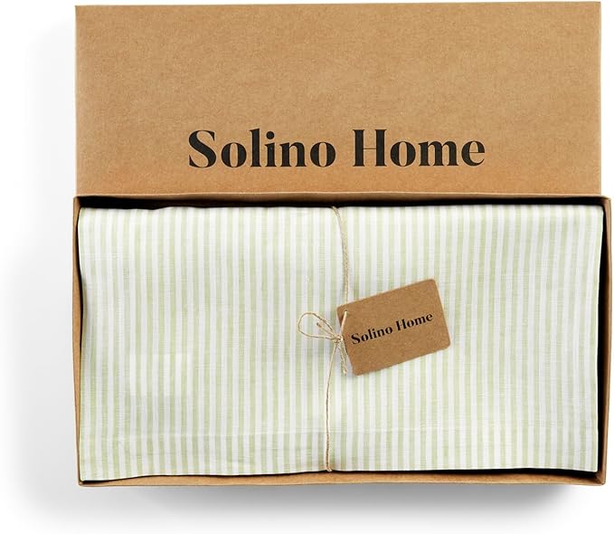 Solino Home Linen Tablecloth 52 x 52 Inch - Narrow Stripe, 100% Pure Linen Sage and White Square Tablecloth - Machine Washable Table Throw for Fall, Autumn, Thanksgiving, Christmas, Winter