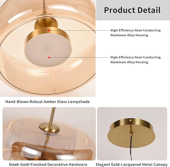 Modern Glass LED Pendant Light with Remote,15'' Stepless Dimmable & CCT Adjustable Hanging Height, 25W Modern Gold Finish for Dining Room, Living Room, Bedroom,Amber