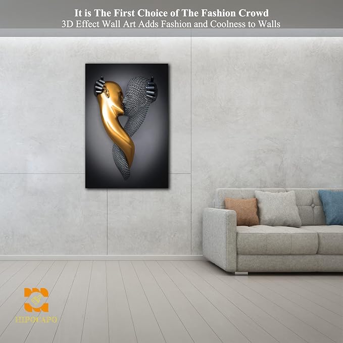 3D Metal Effect Wall Art - 3D Metal Art Wall, Modern Abstract Hug Lovers Painting Picture Poster Prints for Bathroom, Romantic Couple Living Room Canvas Wall Art Framed 28”x40”x1Pcs