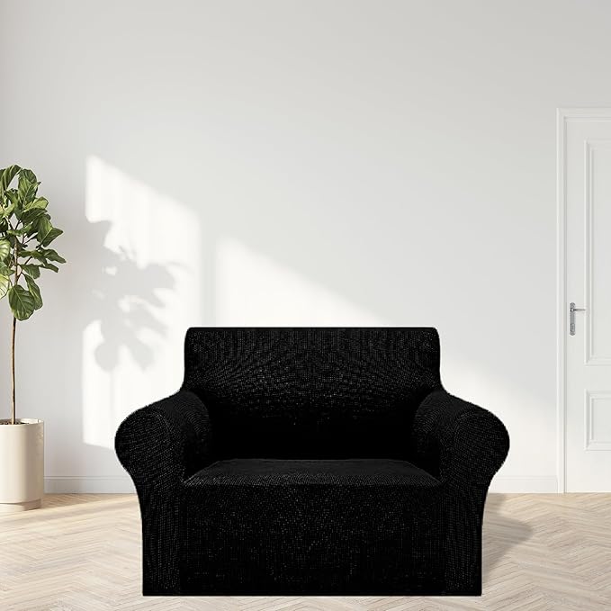 Cupuamon 2025 New Stretch Chair Sofa Slipcovers Couch Cover for 1 Seater Furniture Protector Sofa Covers with Elastic Bottom Jacquard Fabric Small Checks for Pets, Kids - Black