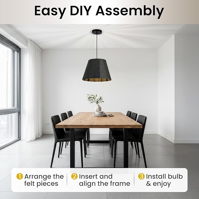 Pendant Light with Felt Lampshade, Modern Hanging Lamp Fixture, DIY Acoustic Pendant Light Chandeliers for Kitchen Island, Living Room, Dining Room, Bedroom, Office (D15.7"x11")