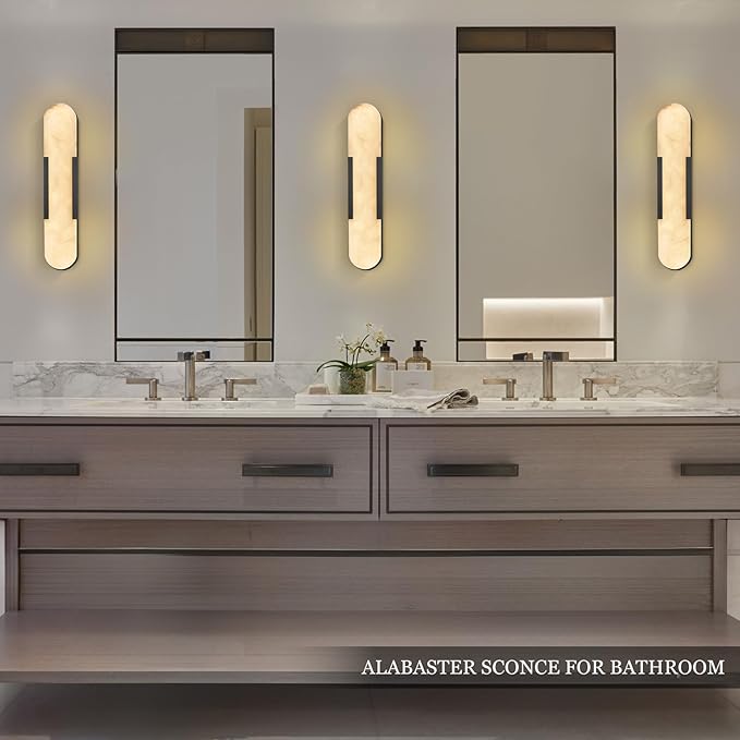 Alabaster Wall Sconce, 20" Natural Marble Wall Sconce, Black Alabaster Sconces, Indoor Modern Bathroom Sconces Wall Lighting for Living Room, Bedroom, Hallway, Stairs