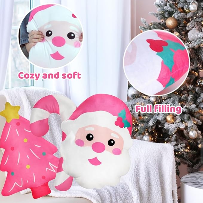 Percozzi Christmas Pillows with Pink Christmas Tree Santa Claus Shaped Throw Pillows Xmas Tree Decorative Pillow Cane & Santa Pillow Cute Soft Stuffed Plush Holiday Party Home Decor 3PCS