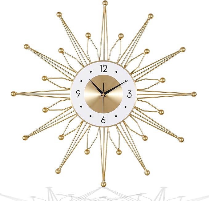 Lafocuse Silent 23 Inch Metal Large Gold Wall Clock Modern, Mid Century Wall Clocks Battery Operated, Art Deco Starburst Wall Clocks for Living Room Kitchen Office