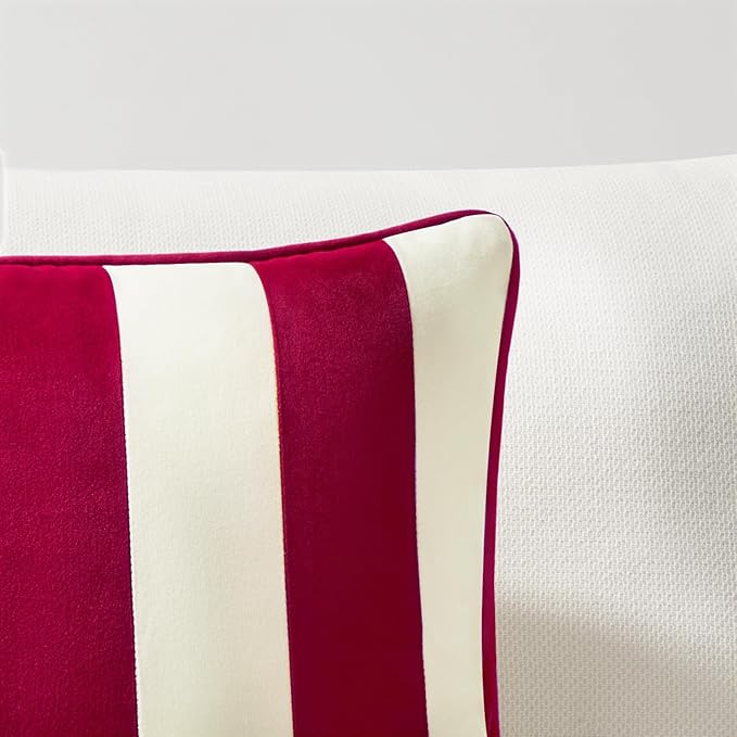 MONDAY MOOSE Christmas Decorative Throw Pillow Covers Cushion Cases, Set of 2 Soft Velvet Striped Piping Edge Designs, Pillow Inserts Not Included (Red/White, 18x18 inch)