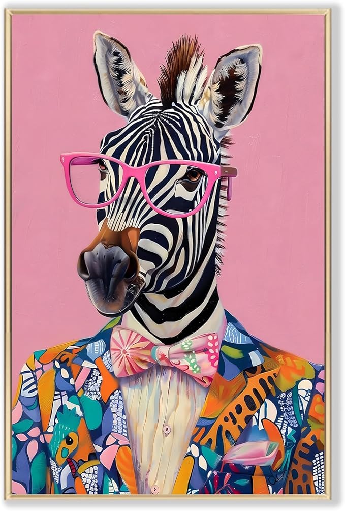Eeuqiauot Zebra Canvas Wall Art Trendy Pink Poster Zebra with Glasses Wall Art Funny Animal Painting Retro Pink Poster Animal Fashion Picthre for Bedroom 16x24inch Unframed