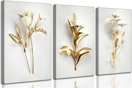 3Pcs Abstract Golden Flower Canvas Wall Art Modern Luxury Minimalism Nordic Floral Plant Painting Picture Wall Decor Poster Print Artwork for Living Room Bedroom Home Decoration