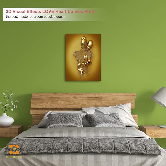 3D Wall Art- Love Heart 3D Metal Canvas Art, Gold Modern Abstract Hug Lovers Painting Picture Poster Prints for Bathroom, Romantic Couple Living Room Canvas Wall Art Framed 18”x24”x1Pcs