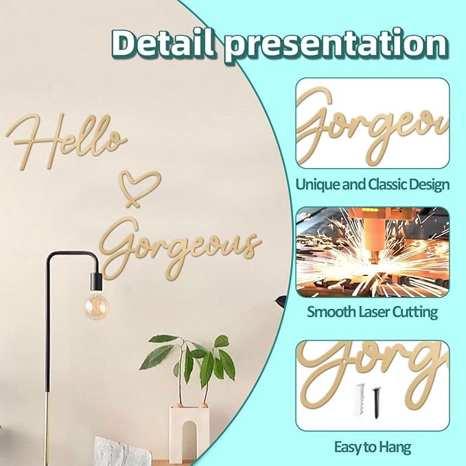 Hello Gorgeous Metal Wall Art Decor Gold Modern Hello Gorgeous Signs Farmhouse Metal Wall Art Hanging Decoration for Bathroom Living Room Bedroom Office Hotel Home Wall Decoration (Gold)