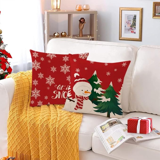 Neatee Living Christmas Pillow Covers 24x24 Set of 4 Red Xmas Vintage Throw Pillows Christmas Tree Gnome Snowman Pillow Cases Outdoor Sofa Couch Cushion Covers for Home Decorations (24 by24)