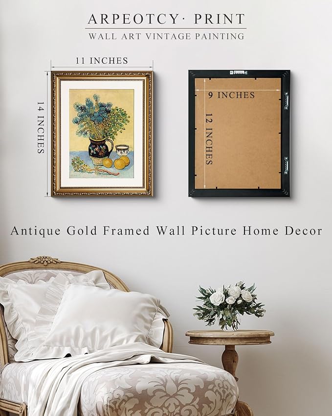 ARPEOTCY Vintage Gold Framed Wall Art, Wildflowers Retro Van Gogh Paintings, Canvas Prints Artwork with Antique Frame, Victorian Wall Picture Decor for Room Gallery Living Room, 11x14 inch